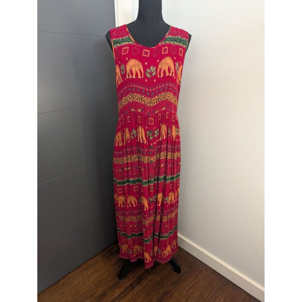 Vintage Bila Red Elephant Print Sleeveless Maxi‎ Dress with Tie Back - Size L